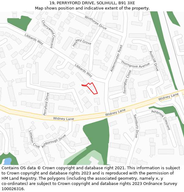 19, PERRYFORD DRIVE, SOLIHULL, B91 3XE: Location map and indicative extent of plot