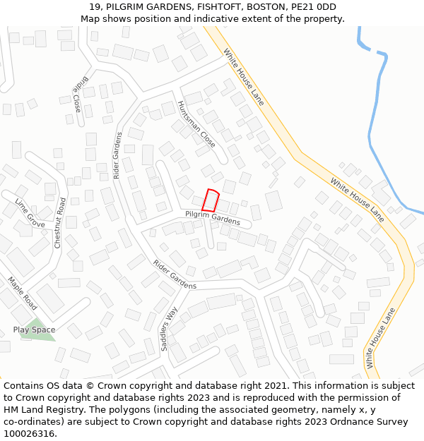 19, PILGRIM GARDENS, FISHTOFT, BOSTON, PE21 0DD: Location map and indicative extent of plot