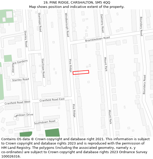 19, PINE RIDGE, CARSHALTON, SM5 4QQ: Location map and indicative extent of plot