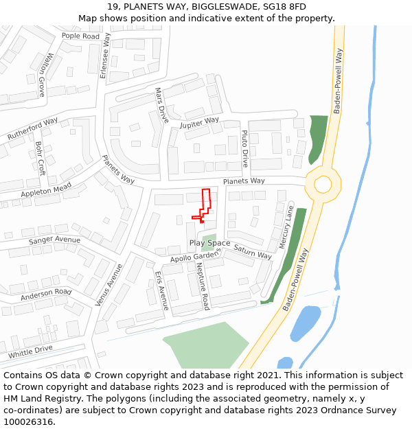 19, PLANETS WAY, BIGGLESWADE, SG18 8FD: Location map and indicative extent of plot