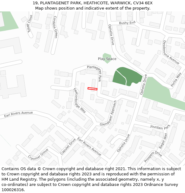 19, PLANTAGENET PARK, HEATHCOTE, WARWICK, CV34 6EX: Location map and indicative extent of plot