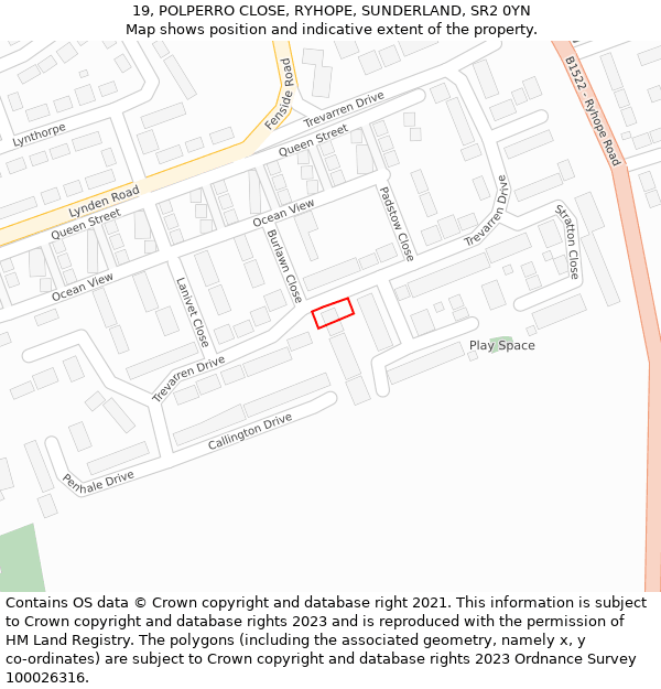 19, POLPERRO CLOSE, RYHOPE, SUNDERLAND, SR2 0YN: Location map and indicative extent of plot