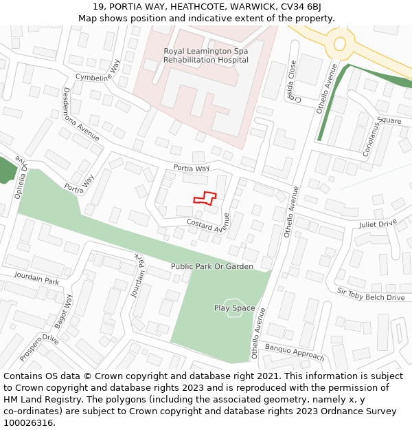 19, PORTIA WAY, HEATHCOTE, WARWICK, CV34 6BJ: Location map and indicative extent of plot