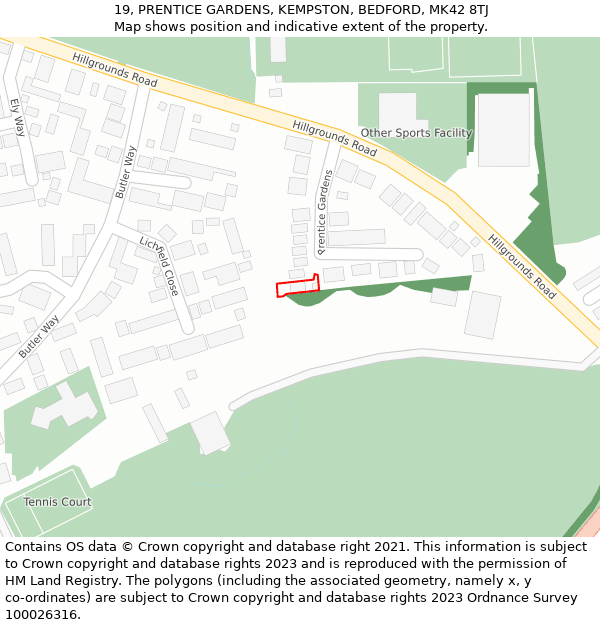 19, PRENTICE GARDENS, KEMPSTON, BEDFORD, MK42 8TJ: Location map and indicative extent of plot