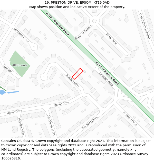 19, PRESTON DRIVE, EPSOM, KT19 0AD: Location map and indicative extent of plot