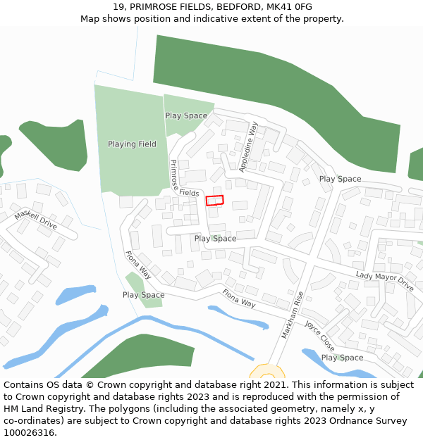 19, PRIMROSE FIELDS, BEDFORD, MK41 0FG: Location map and indicative extent of plot