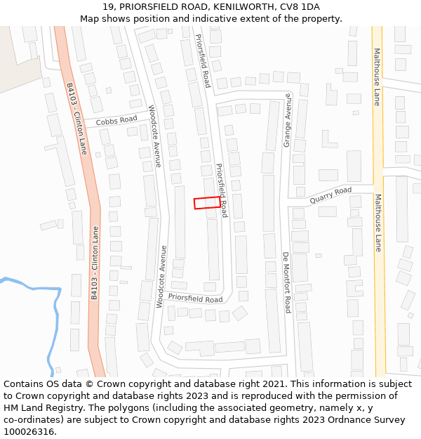 19, PRIORSFIELD ROAD, KENILWORTH, CV8 1DA: Location map and indicative extent of plot