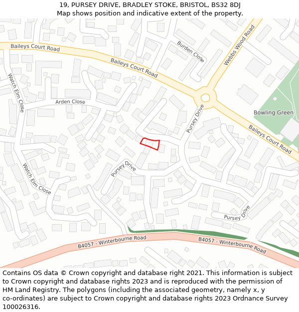 19, PURSEY DRIVE, BRADLEY STOKE, BRISTOL, BS32 8DJ: Location map and indicative extent of plot