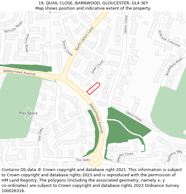 19, QUAIL CLOSE, BARNWOOD, GLOUCESTER, GL4 3EY: Location map and indicative extent of plot