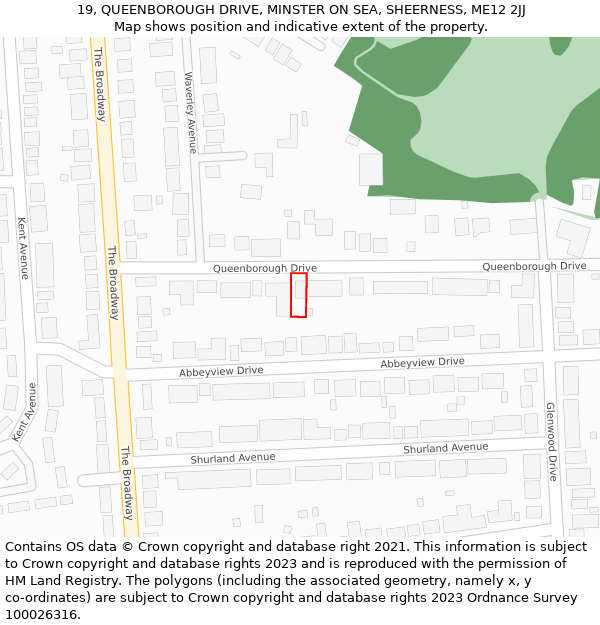 19, QUEENBOROUGH DRIVE, MINSTER ON SEA, SHEERNESS, ME12 2JJ: Location map and indicative extent of plot