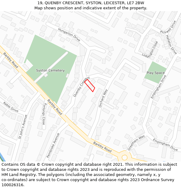 19, QUENBY CRESCENT, SYSTON, LEICESTER, LE7 2BW: Location map and indicative extent of plot