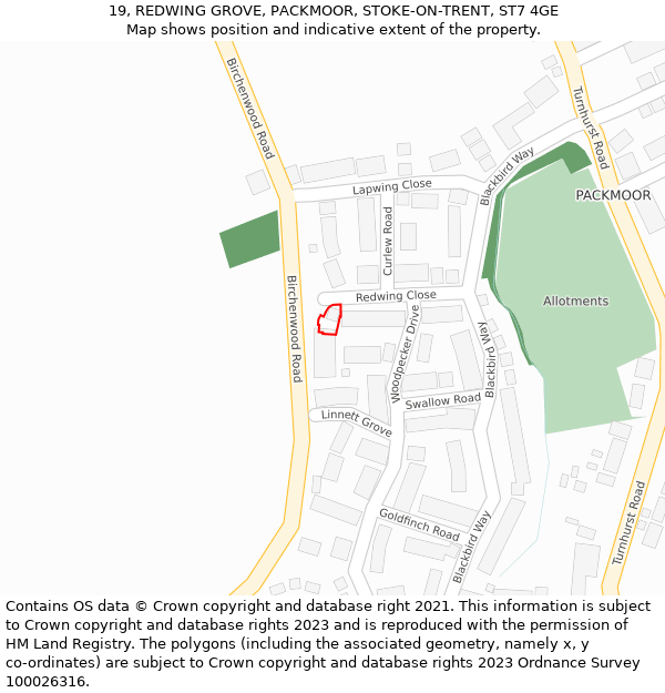 19, REDWING GROVE, PACKMOOR, STOKE-ON-TRENT, ST7 4GE: Location map and indicative extent of plot