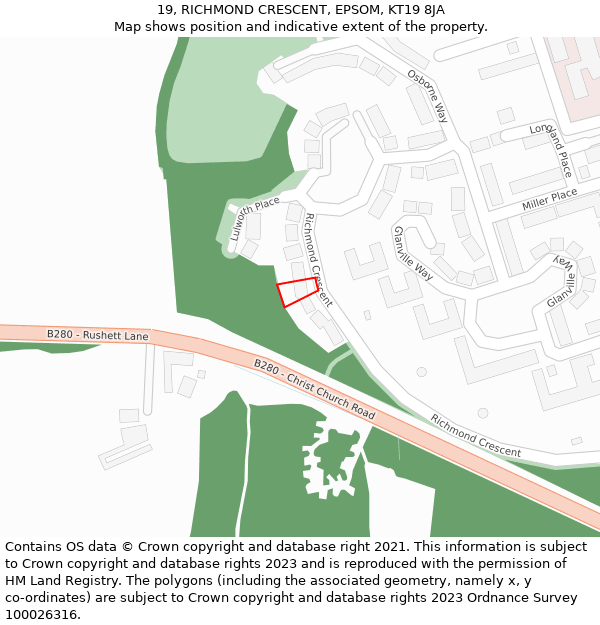 19, RICHMOND CRESCENT, EPSOM, KT19 8JA: Location map and indicative extent of plot