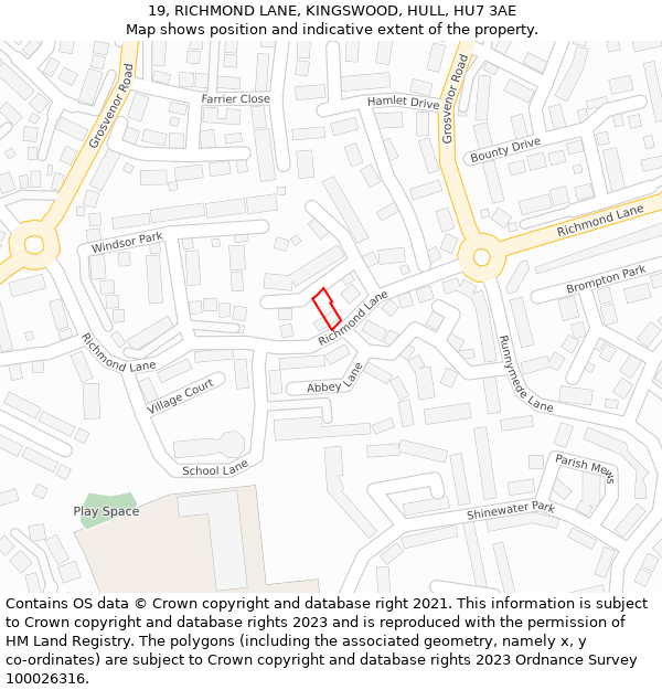 19, RICHMOND LANE, KINGSWOOD, HULL, HU7 3AE: Location map and indicative extent of plot