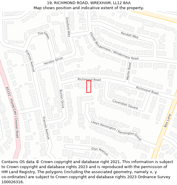 19, RICHMOND ROAD, WREXHAM, LL12 8AA: Location map and indicative extent of plot