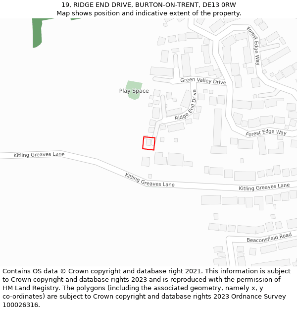 19, RIDGE END DRIVE, BURTON-ON-TRENT, DE13 0RW: Location map and indicative extent of plot