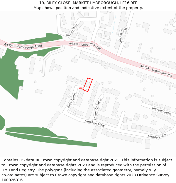 19, RILEY CLOSE, MARKET HARBOROUGH, LE16 9FF: Location map and indicative extent of plot