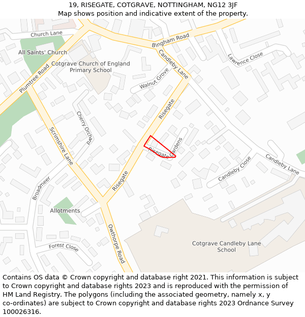 19, RISEGATE, COTGRAVE, NOTTINGHAM, NG12 3JF: Location map and indicative extent of plot