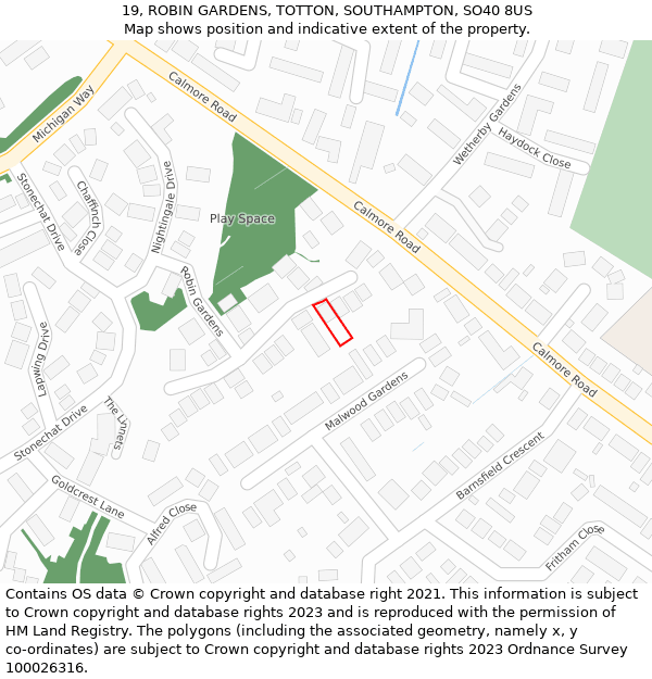 19, ROBIN GARDENS, TOTTON, SOUTHAMPTON, SO40 8US: Location map and indicative extent of plot