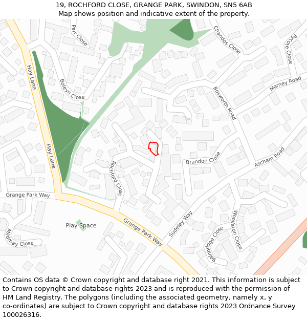 19, ROCHFORD CLOSE, GRANGE PARK, SWINDON, SN5 6AB: Location map and indicative extent of plot