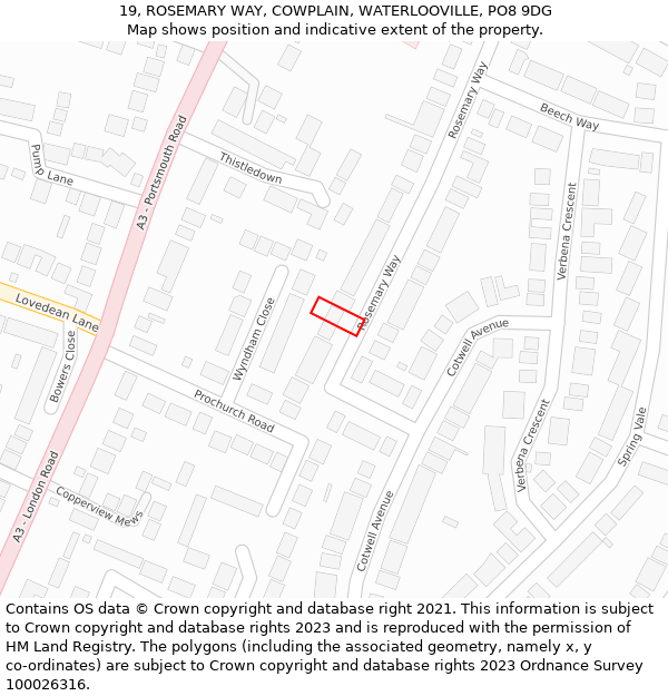 19, ROSEMARY WAY, COWPLAIN, WATERLOOVILLE, PO8 9DG: Location map and indicative extent of plot