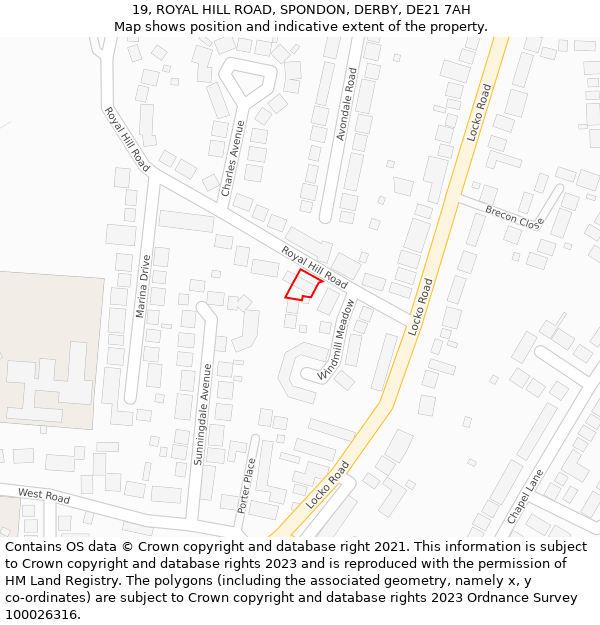 19, ROYAL HILL ROAD, SPONDON, DERBY, DE21 7AH: Location map and indicative extent of plot