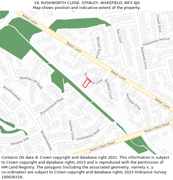 19, RUSHWORTH CLOSE, STANLEY, WAKEFIELD, WF3 4JG: Location map and indicative extent of plot