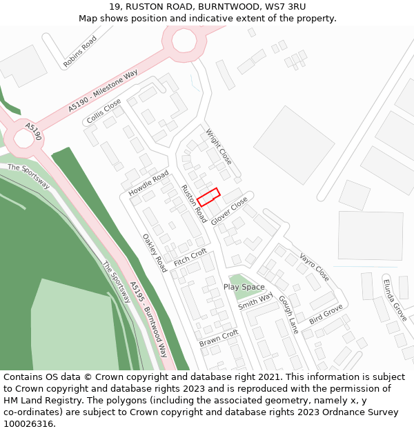19, RUSTON ROAD, BURNTWOOD, WS7 3RU: Location map and indicative extent of plot