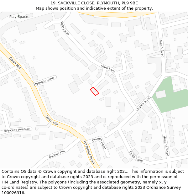 19, SACKVILLE CLOSE, PLYMOUTH, PL9 9BE: Location map and indicative extent of plot