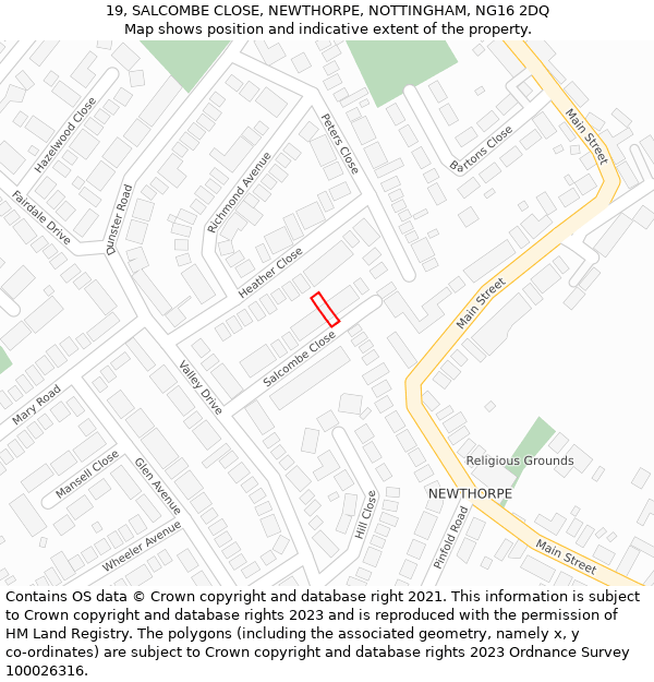 19, SALCOMBE CLOSE, NEWTHORPE, NOTTINGHAM, NG16 2DQ: Location map and indicative extent of plot