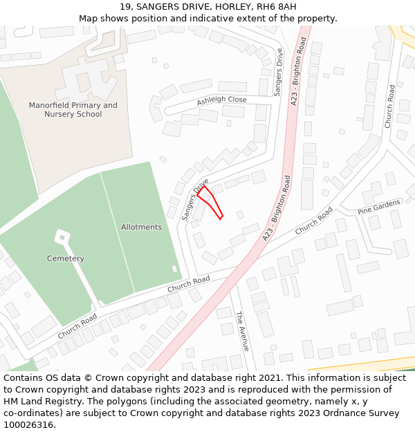 19, SANGERS DRIVE, HORLEY, RH6 8AH: Location map and indicative extent of plot