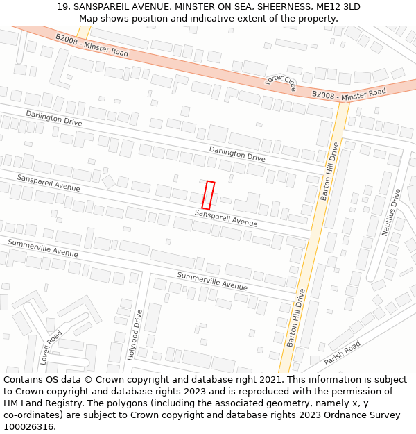 19, SANSPAREIL AVENUE, MINSTER ON SEA, SHEERNESS, ME12 3LD: Location map and indicative extent of plot