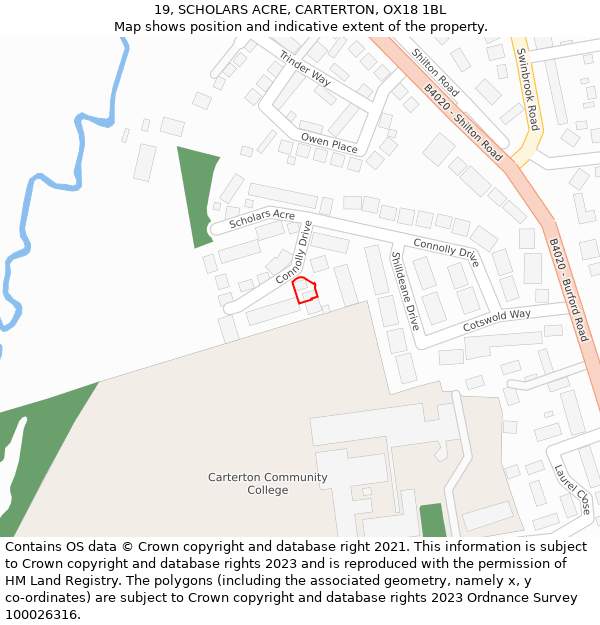19, SCHOLARS ACRE, CARTERTON, OX18 1BL: Location map and indicative extent of plot