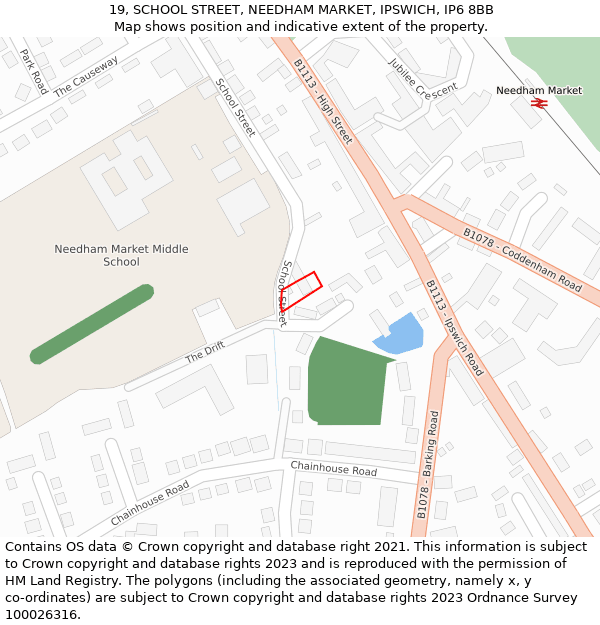 19, SCHOOL STREET, NEEDHAM MARKET, IPSWICH, IP6 8BB: Location map and indicative extent of plot