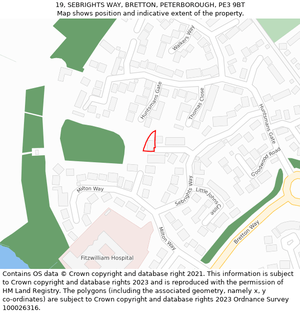 19, SEBRIGHTS WAY, BRETTON, PETERBOROUGH, PE3 9BT: Location map and indicative extent of plot