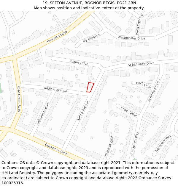 19, SEFTON AVENUE, BOGNOR REGIS, PO21 3BN: Location map and indicative extent of plot