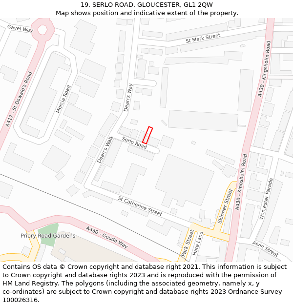 19, SERLO ROAD, GLOUCESTER, GL1 2QW: Location map and indicative extent of plot