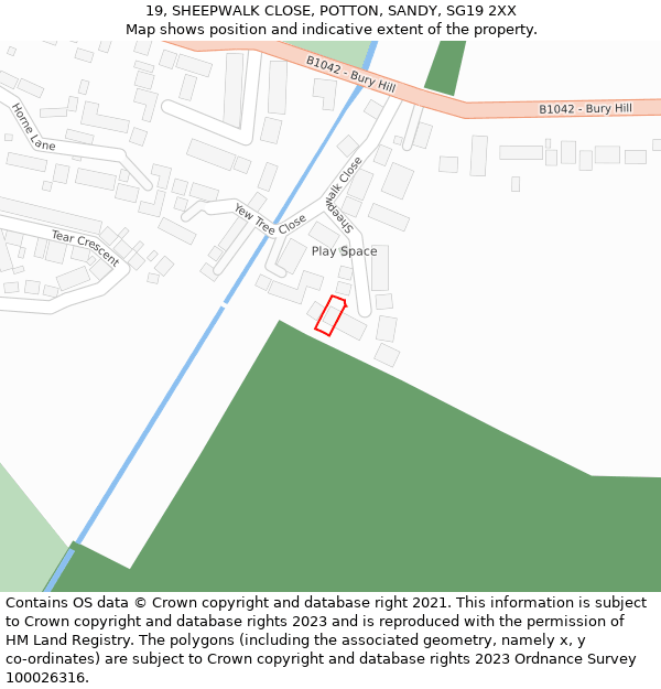 19, SHEEPWALK CLOSE, POTTON, SANDY, SG19 2XX: Location map and indicative extent of plot