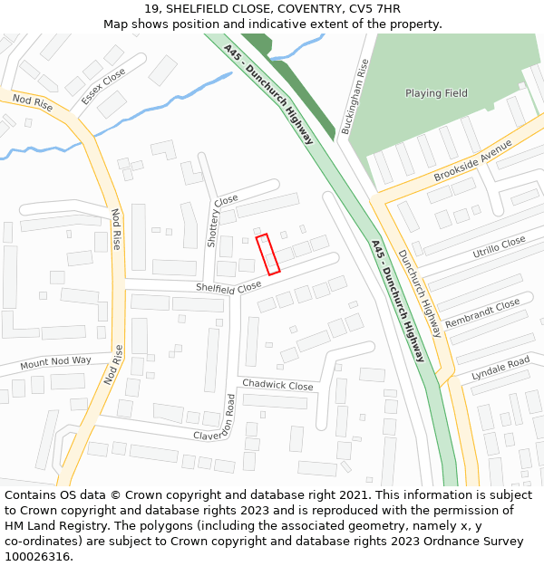 19, SHELFIELD CLOSE, COVENTRY, CV5 7HR: Location map and indicative extent of plot