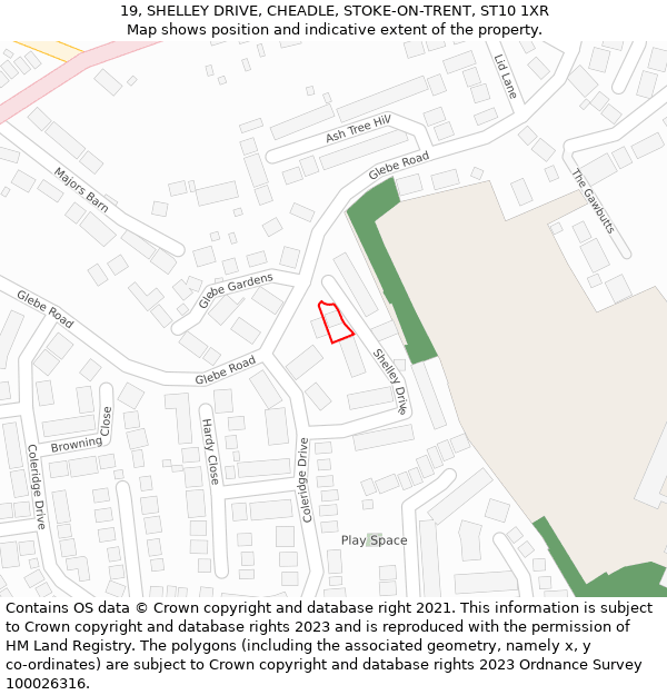 19, SHELLEY DRIVE, CHEADLE, STOKE-ON-TRENT, ST10 1XR: Location map and indicative extent of plot