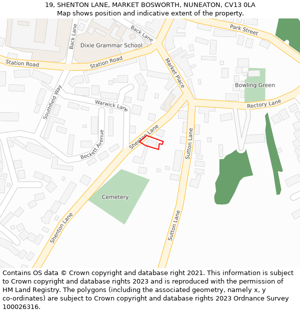 19, SHENTON LANE, MARKET BOSWORTH, NUNEATON, CV13 0LA: Location map and indicative extent of plot