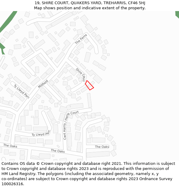 19, SHIRE COURT, QUAKERS YARD, TREHARRIS, CF46 5HJ: Location map and indicative extent of plot