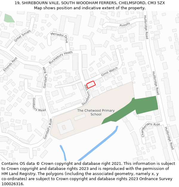 19, SHIREBOURN VALE, SOUTH WOODHAM FERRERS, CHELMSFORD, CM3 5ZX: Location map and indicative extent of plot