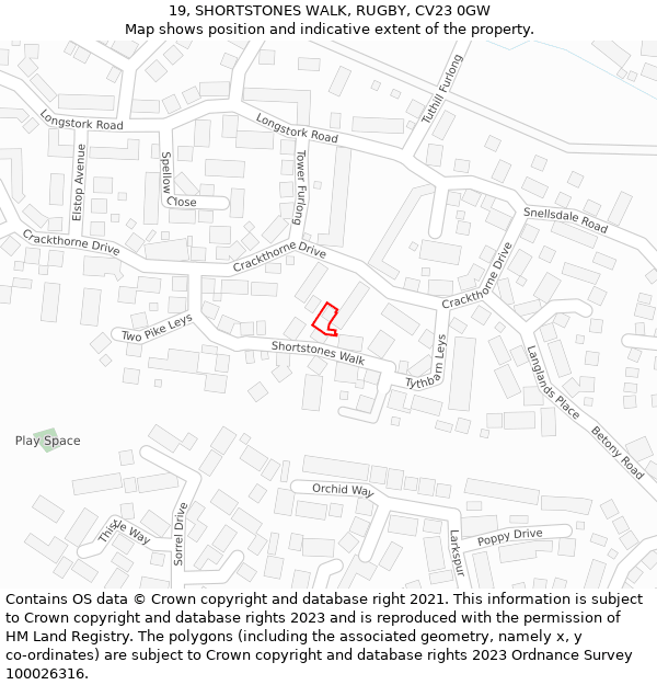 19, SHORTSTONES WALK, RUGBY, CV23 0GW: Location map and indicative extent of plot