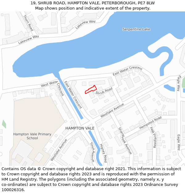 19, SHRUB ROAD, HAMPTON VALE, PETERBOROUGH, PE7 8LW: Location map and indicative extent of plot