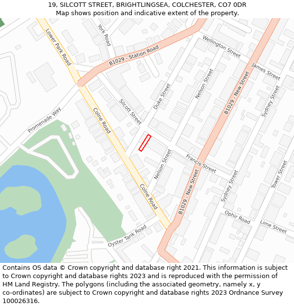 19, SILCOTT STREET, BRIGHTLINGSEA, COLCHESTER, CO7 0DR: Location map and indicative extent of plot