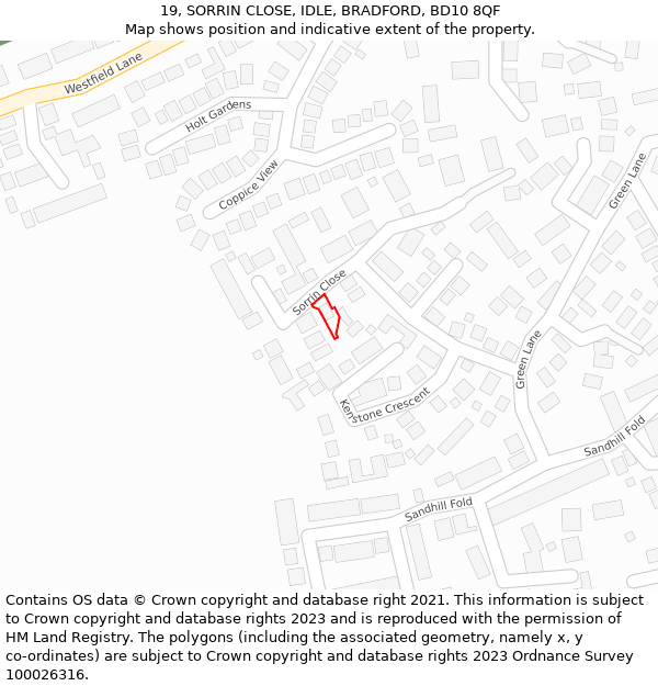 19, SORRIN CLOSE, IDLE, BRADFORD, BD10 8QF: Location map and indicative extent of plot