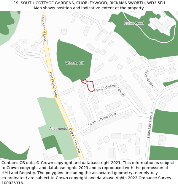 19, SOUTH COTTAGE GARDENS, CHORLEYWOOD, RICKMANSWORTH, WD3 5EH: Location map and indicative extent of plot