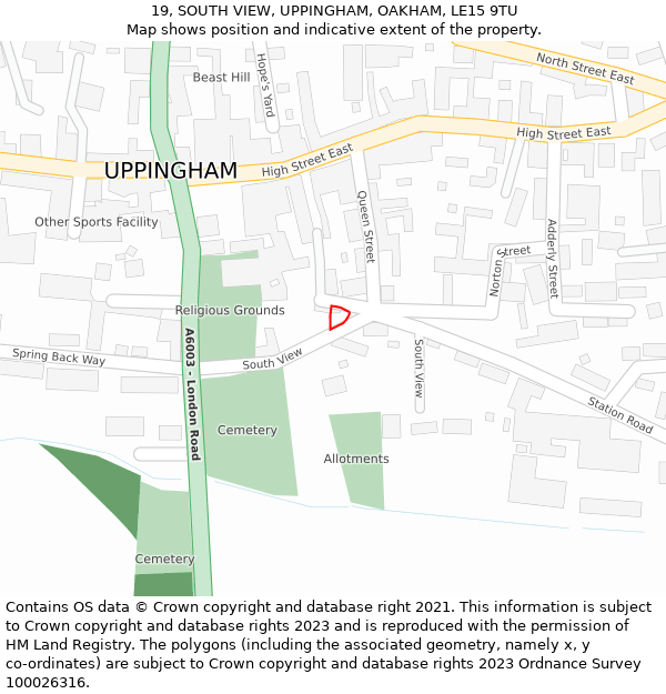 19, SOUTH VIEW, UPPINGHAM, OAKHAM, LE15 9TU: Location map and indicative extent of plot