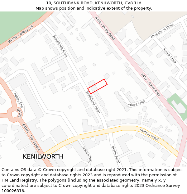 19, SOUTHBANK ROAD, KENILWORTH, CV8 1LA: Location map and indicative extent of plot